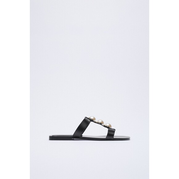 Black Zara Pearl Embellished Leather Flat Slip-On Slides Sandals (NWT) - Picture 3 of 5